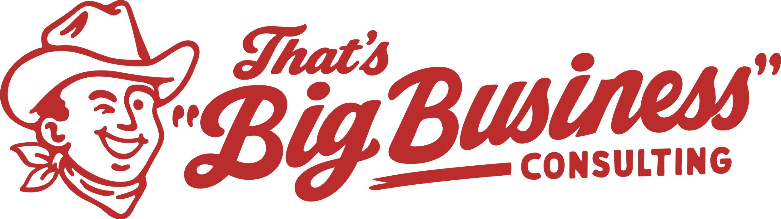 Red That's Big Business Consulting logo featuring a smiling person in a cowboy hat