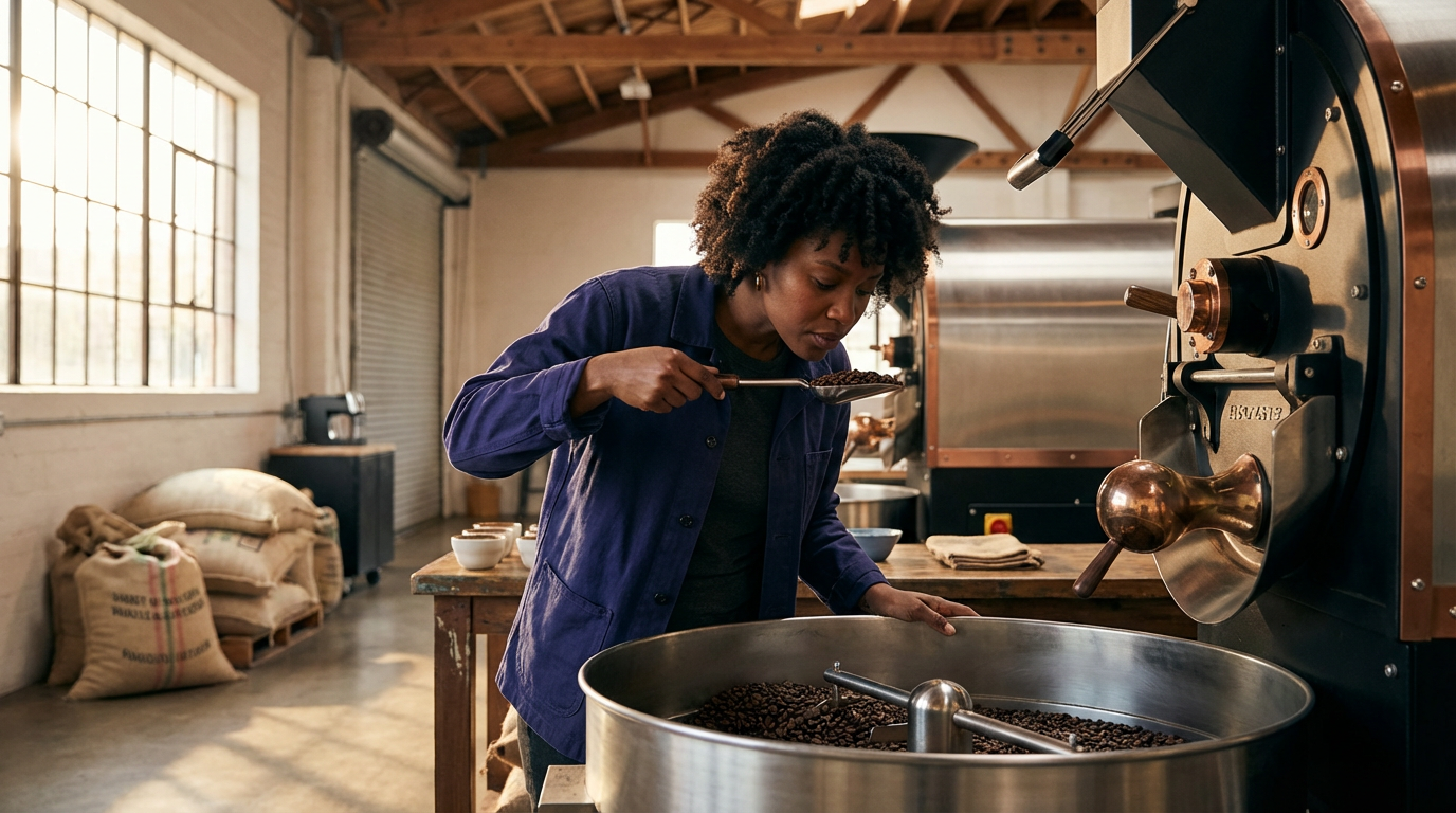 Coffee roaster sampling roasted beans beside an industrial coffee roasting machine