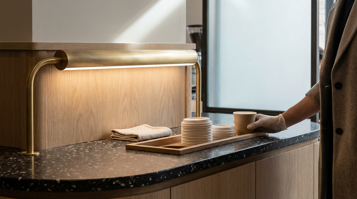 Gloved server arranging coffee cups and saucers on a wooden tray at a modern hospitality counter