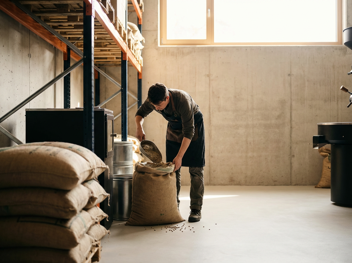 Worker filling a burlap sack with coffee beans in a warehouse