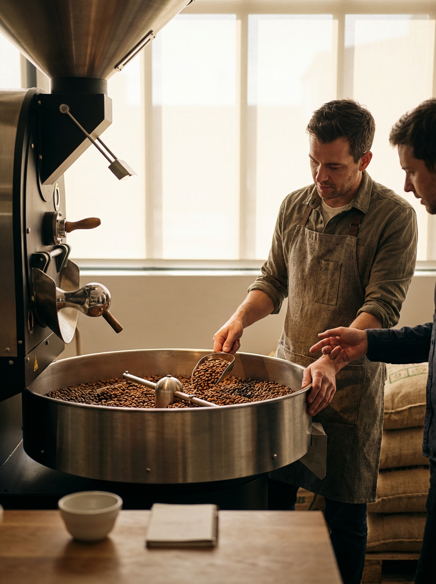 Coffee roaster using a scoop to stir roasted beans in a commercial drum roaster while a colleague observes