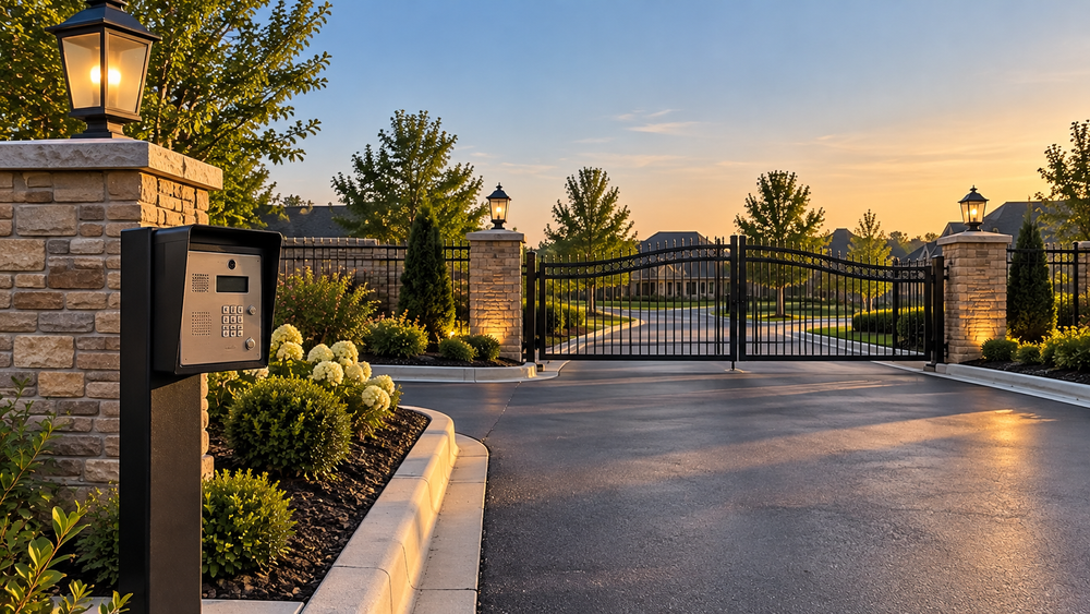 Automatic driveway gate with a keypad entry pedestal at a gated property entrance
