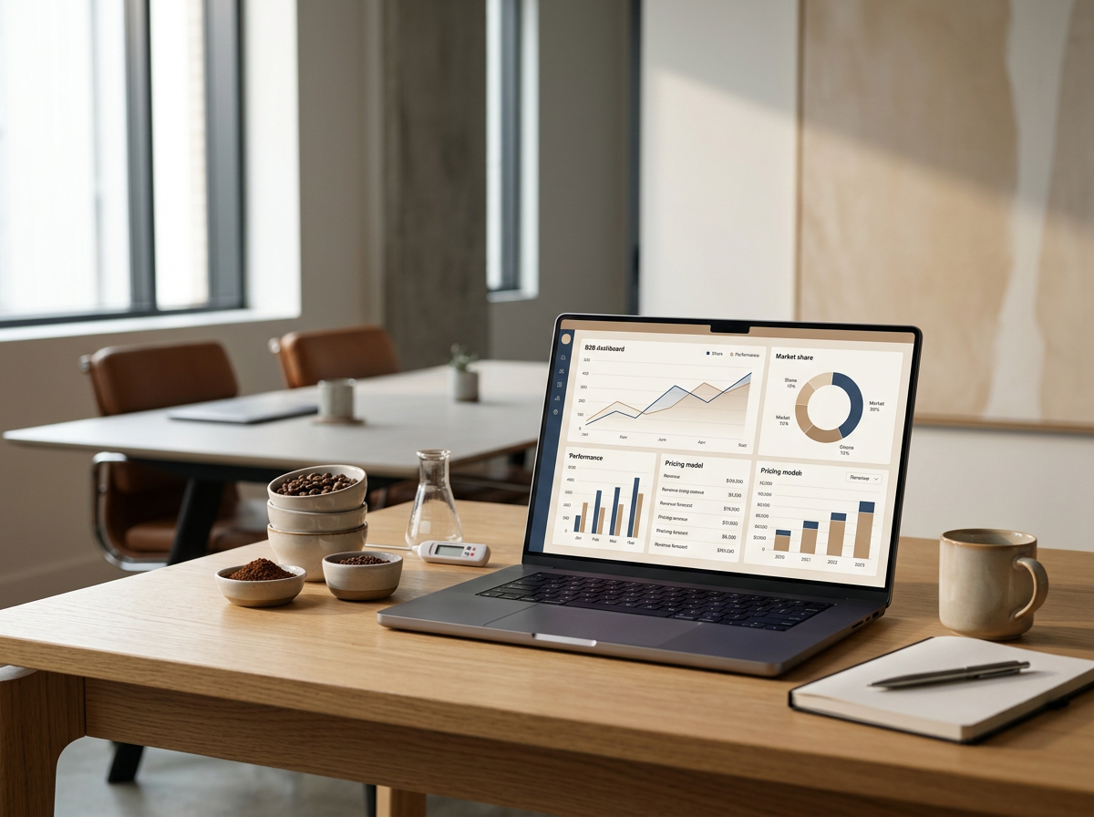 Laptop displaying business analytics and charts on a wooden table in a modern office conference room.