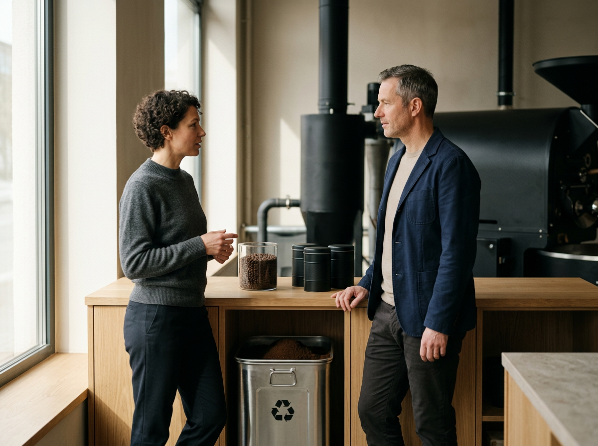 Two people, a woman and a man, are having a conversation in a coffee shop or café. The woman is standing near a wooden counter, gesturing with her hand, and the man is leaning against the counter, listening. There are jars and cans on the counter, and a recycling bin underneath.