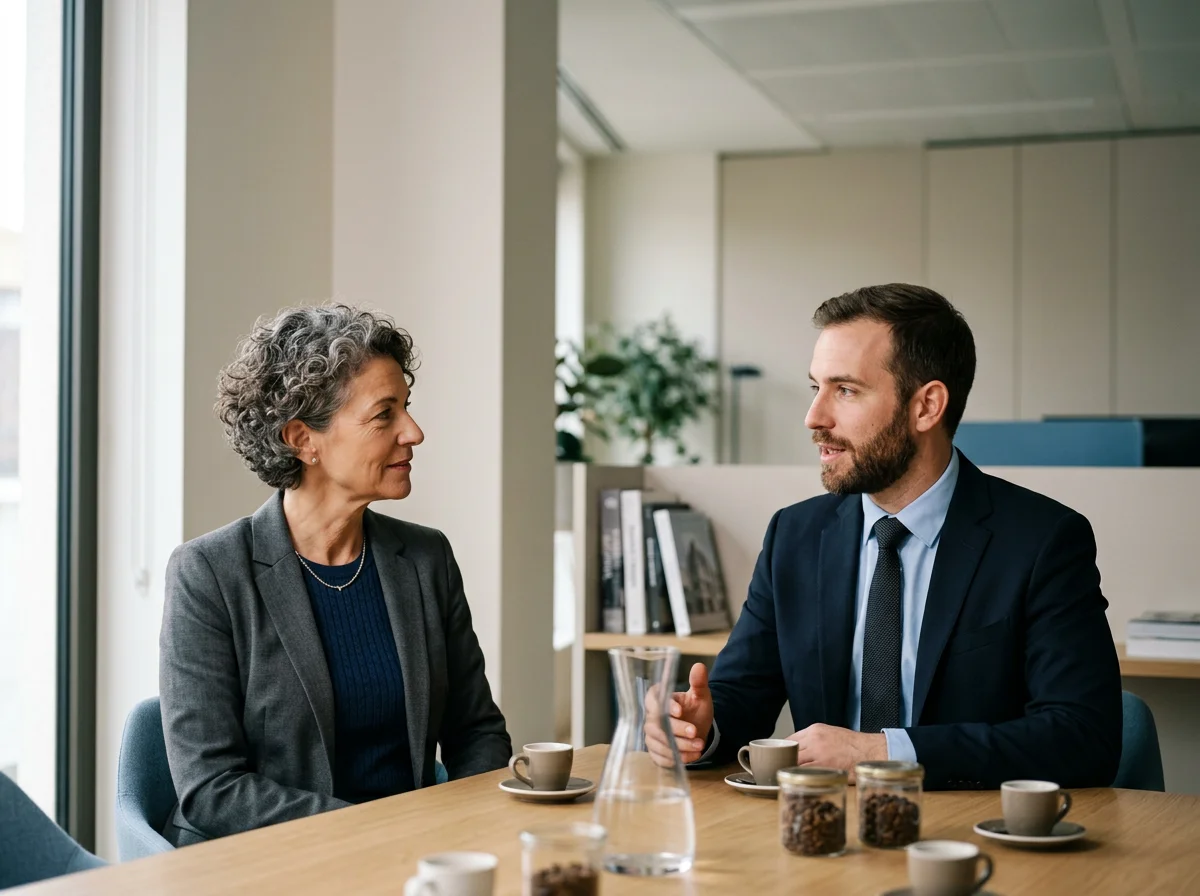 An older woman and a younger man sit at a table having a conversation in an office setting, with cups, jars, and a water pitcher on the table.