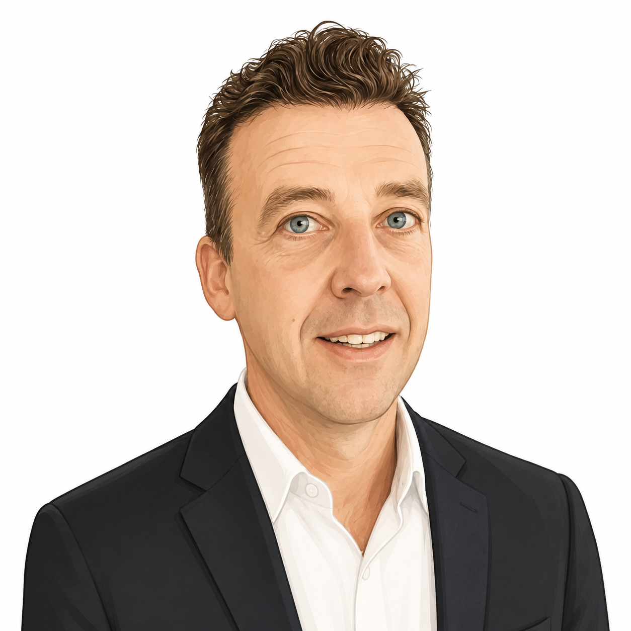A man with light skin, short brown hair, blue eyes, wearing a black suit and white shirt, smiling against a plain white background.