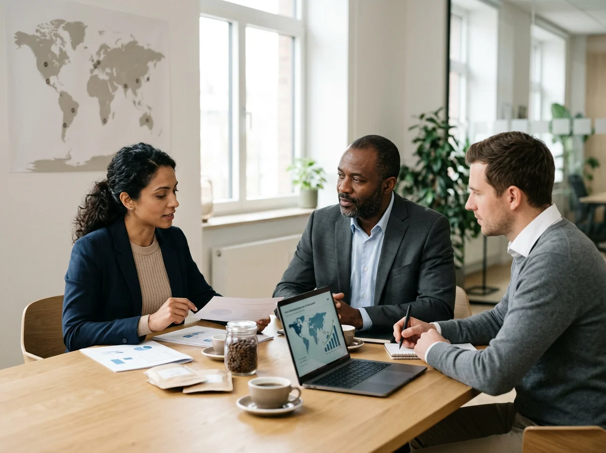 Three business professionals, two men and one woman, having a meeting in a bright office with a world map on the wall and a laptop displaying a world map and chart.
