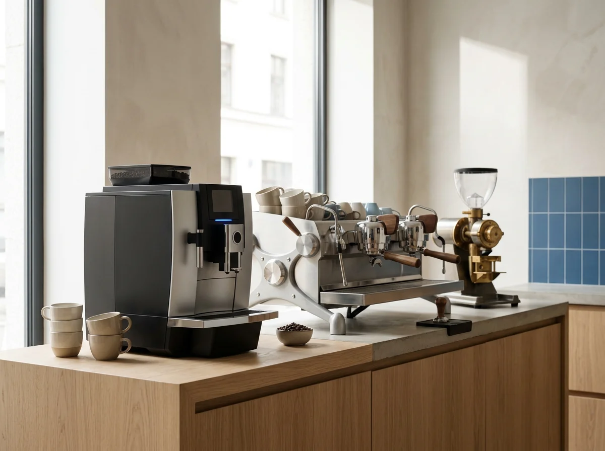 Coffee-making station with espresso machine, grinder, and cups in a bright, modern kitchen