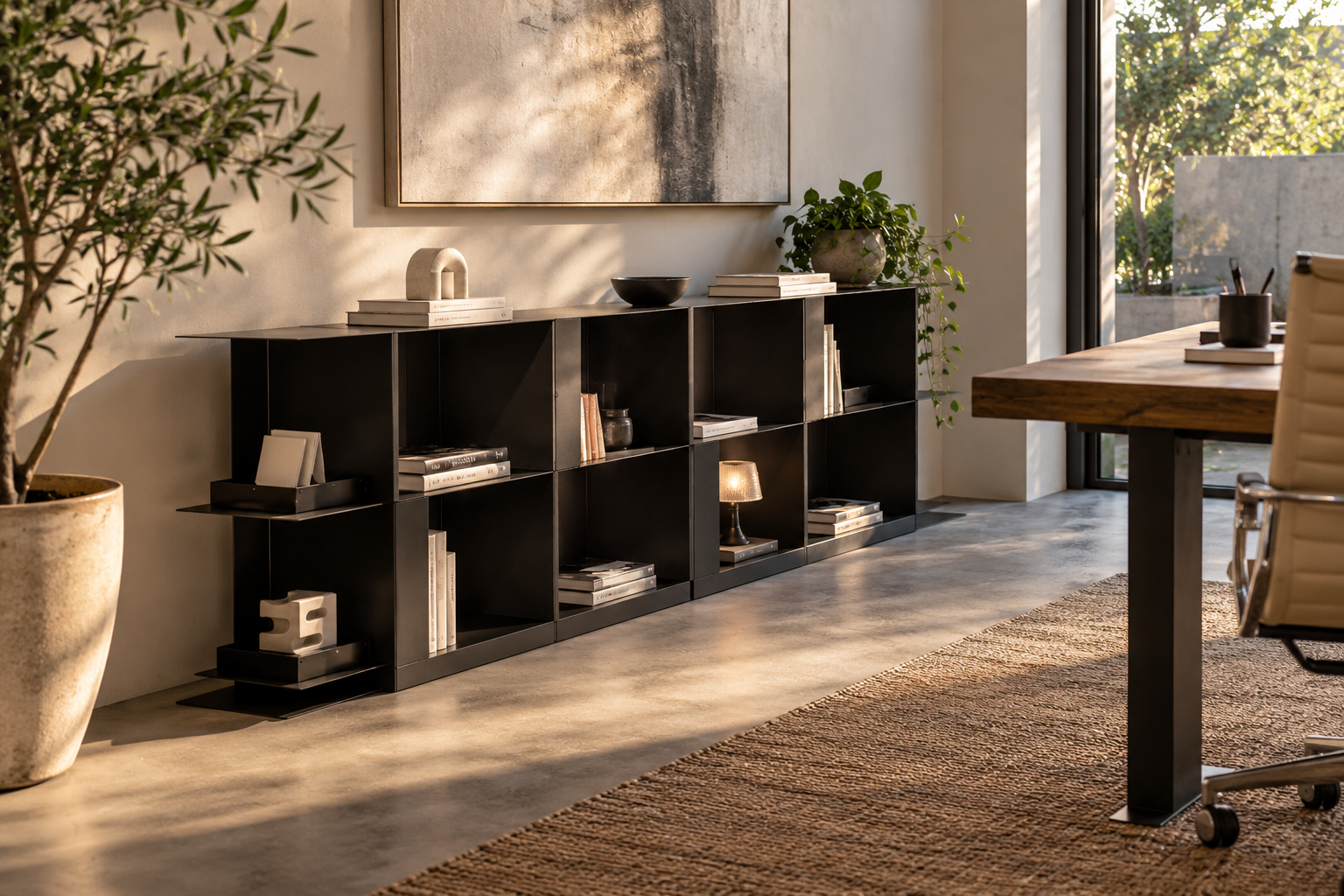 Warm Minimalist Office with Modular Shelving.png