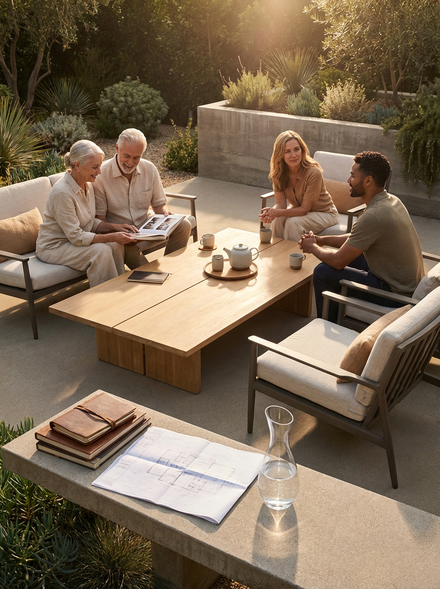 Four people sitting on outdoor furniture engaging in conversation, with a woman showing a photo album, surrounded by greenery, with a wooden table holding cups and a teapot, in warm sunlight.