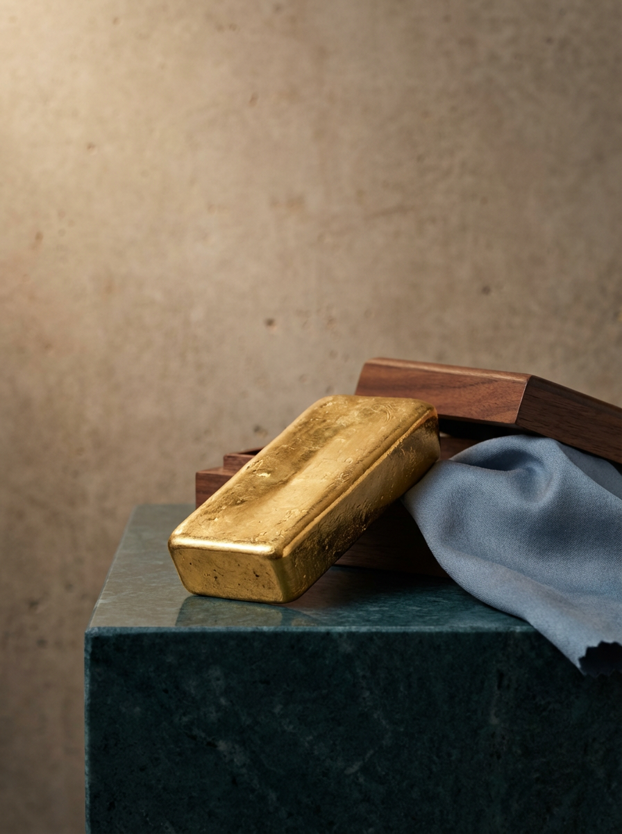 A gold bar resting on a dark green marble surface with a wooden box and gray cloth nearby.