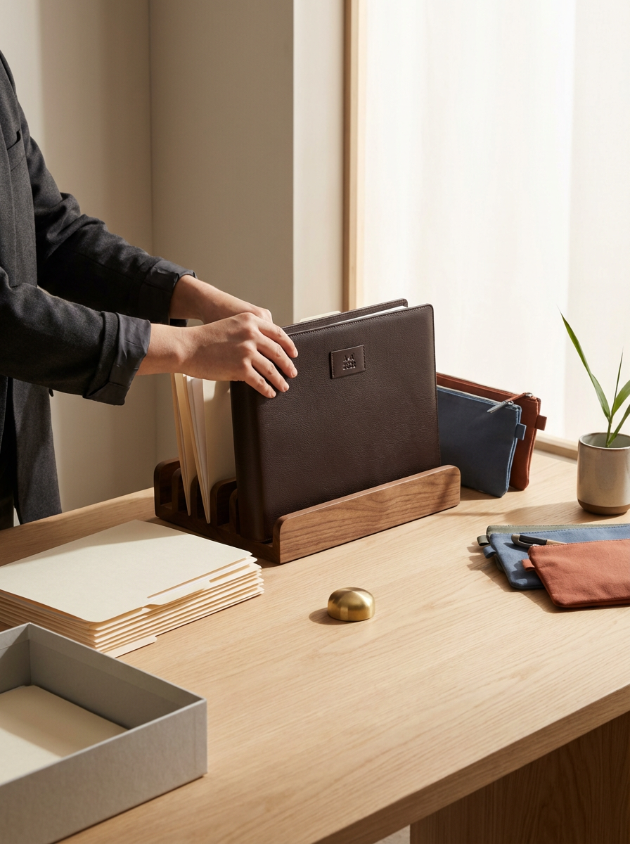 Person organizing leather and fabric folders in a wooden desk organizer on a light wood desk with papers, pouches, and a small potted plant.