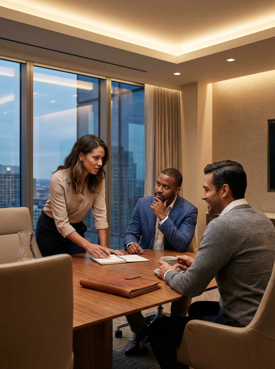 Three business professionals having a meeting in a modern office conference room with large windows and city view.