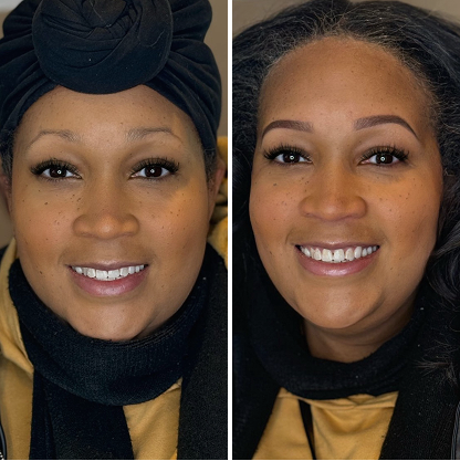Side-by-side comparison of a woman's face showing a before and after transformation with makeup, skincare, or styling.