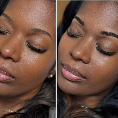 Close-up of a woman's face showing before and after makeup application, focusing on her eye makeup, eyebrows, and lips.
