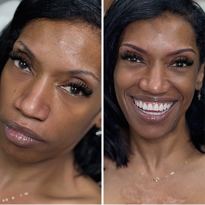 Side-by-side photos of a woman before and after makeup application, showing a clear improvement in skin tone, makeup, and smile.