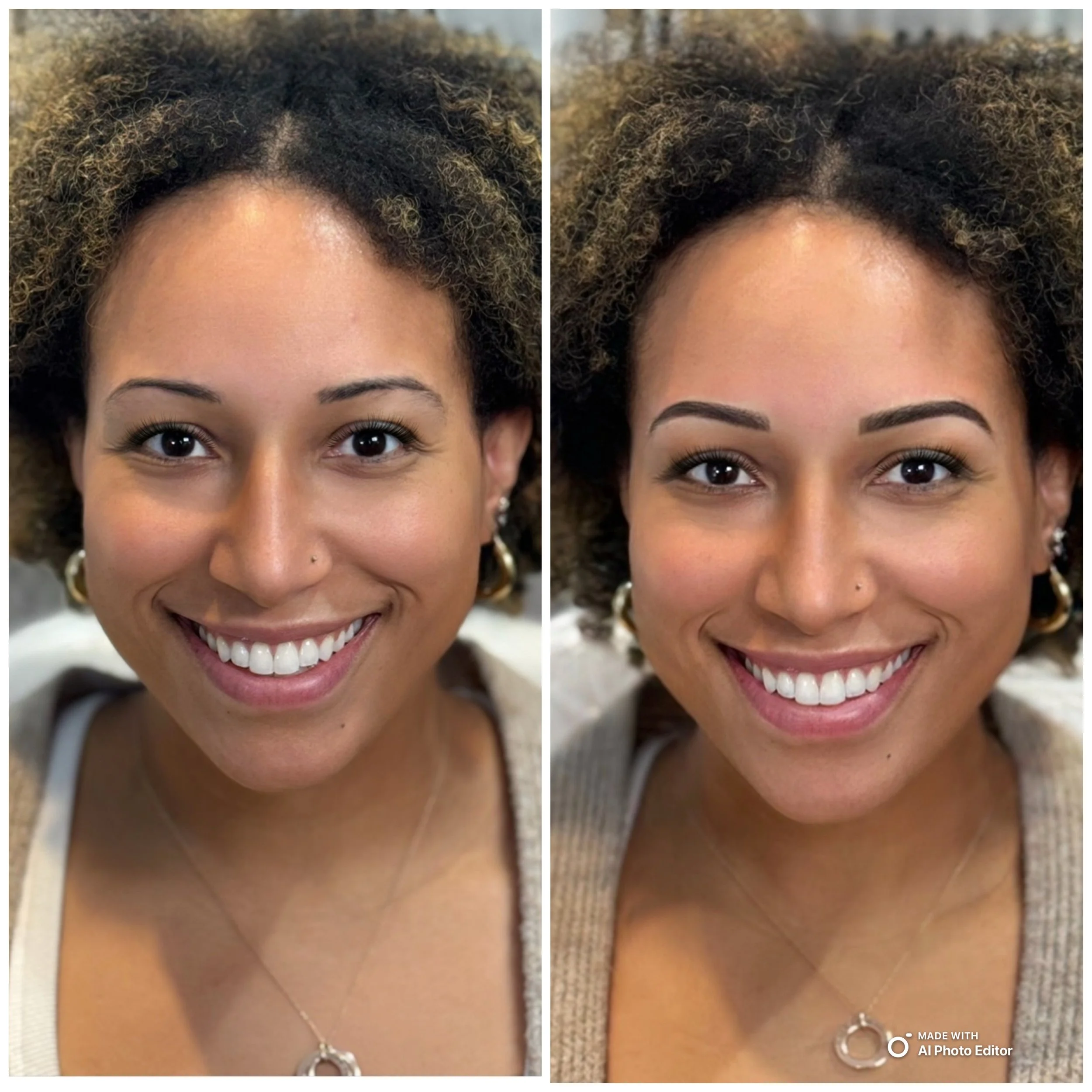 Side-by-side comparison of a woman smiling, showing the before and after of makeup or cosmetic enhancements including eyebrows, eyelashes, and skin tone.