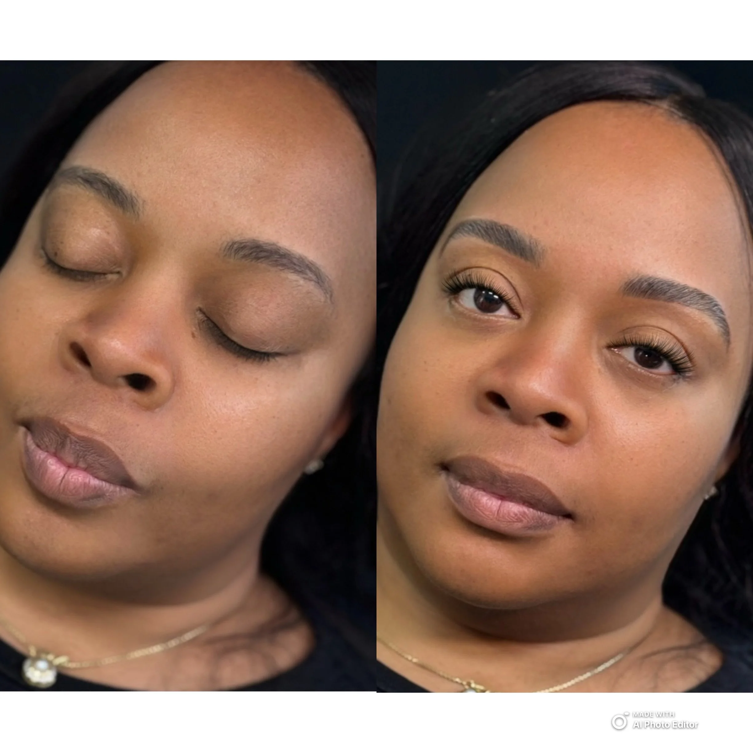 Side by side comparison of a woman with natural and enhanced makeup, showing before and after looks, with a black background.