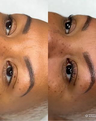 Close-up of a woman's face showing before and after images of skincare, focusing on reduced dark spots and improved skin texture.
