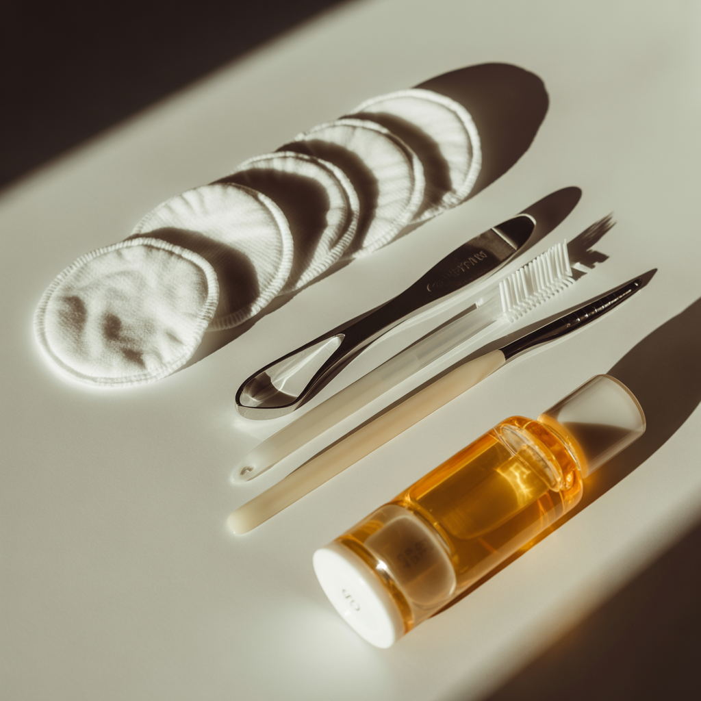 A set of skincare and hygiene items including cotton rounds, a black pair of tweezers, a white manual toothbrush, a black and white electric toothbrush, and a small bottle of yellow liquid, arranged on a white surface with shadows.