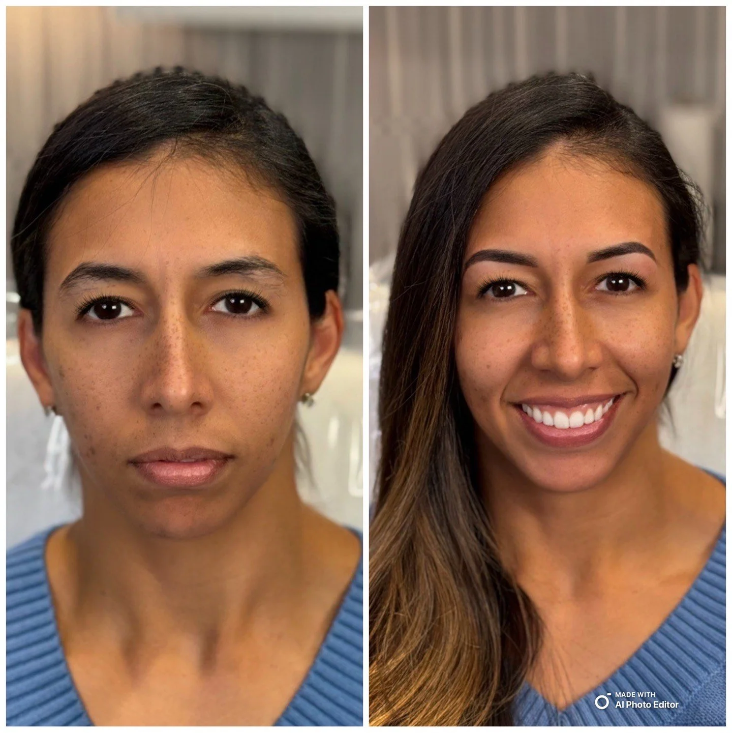 Side-by-side comparison of a woman before and after makeup application. The left shows her with minimal or no makeup, and the right shows her with full makeup, smiling with long, styled hair.