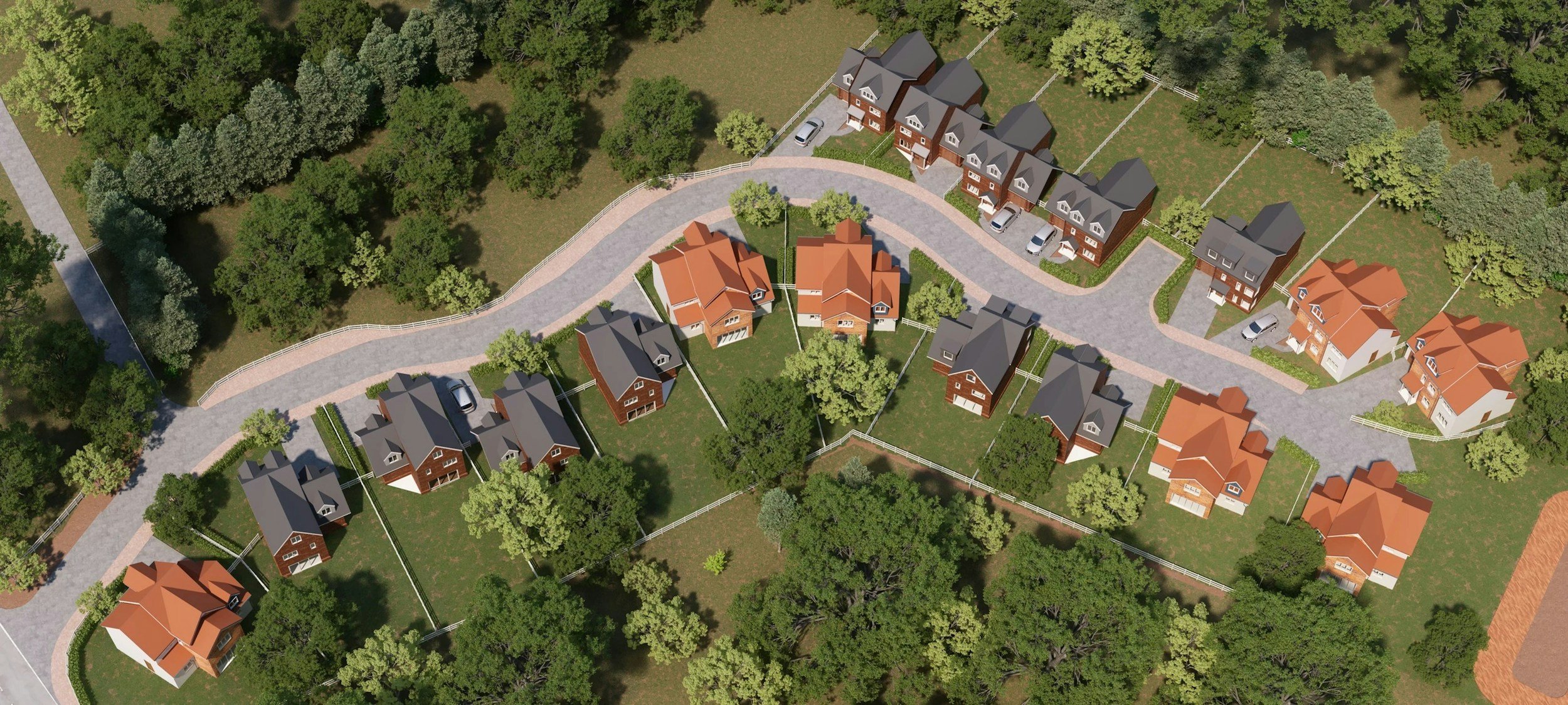 Aerial 3D rendering of a suburban housing development with detached homes, curving roads, fenced yards, driveways, and surrounding trees.