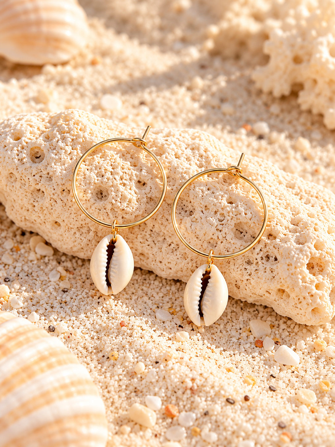 Golden Cowrie Earrings on Coral.png