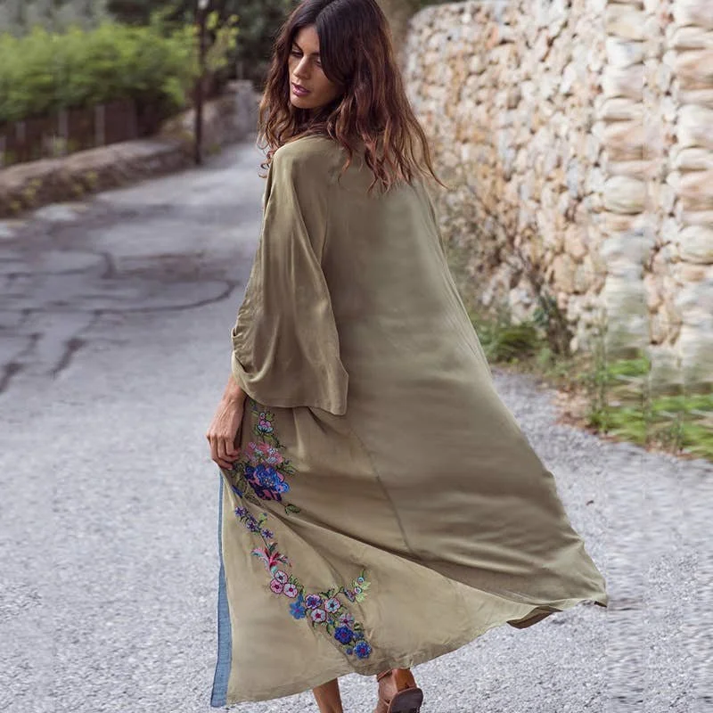 Floral Embroidered Flowy Beach Kimono in Green 3.jpeg