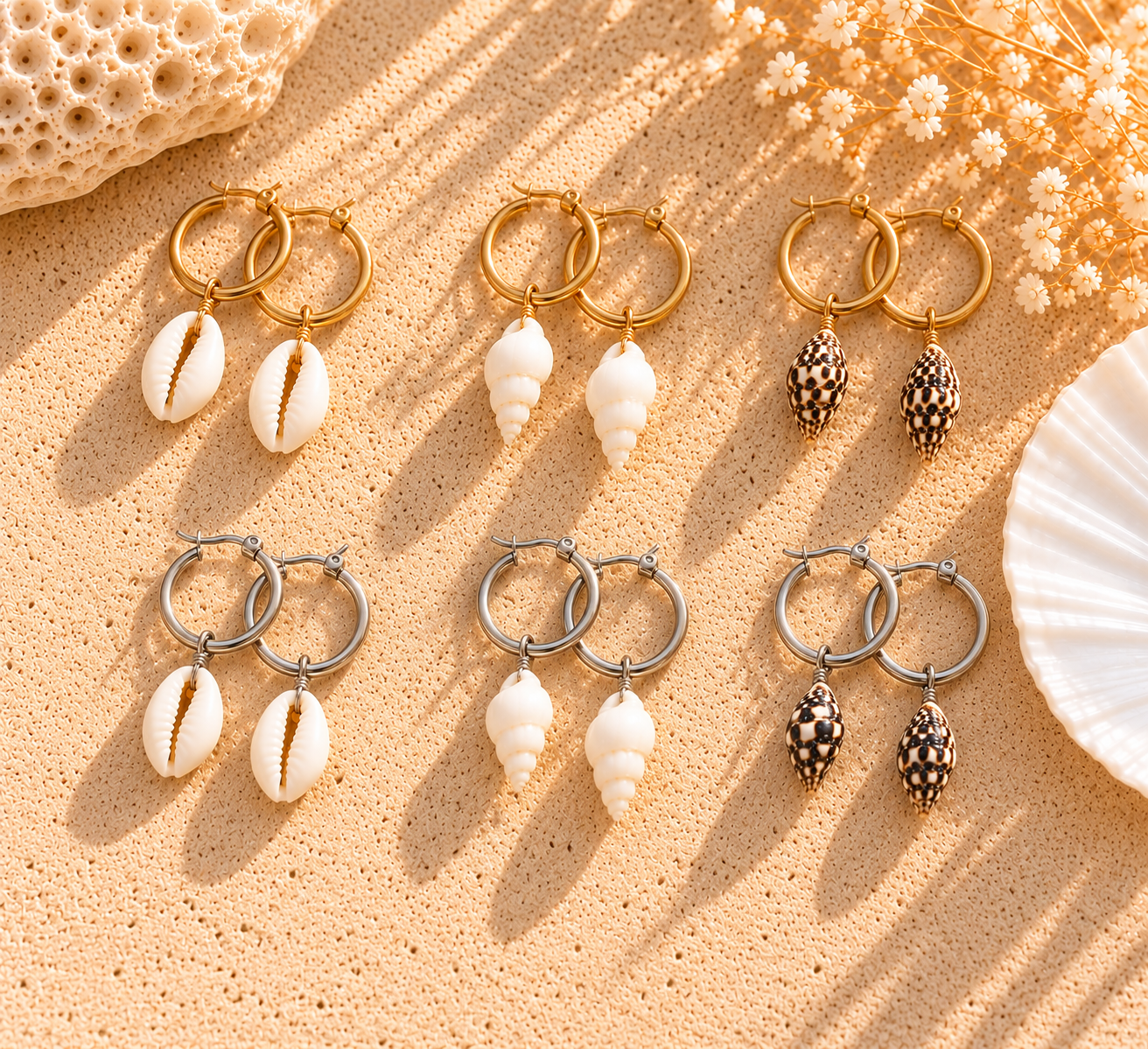 Iolana Seashell Huggie Hoop Earrings (Gold and Silver)