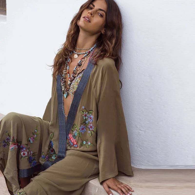 Floral Embroidered Flowy Beach Kimono in Green