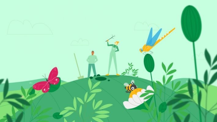 Illustration of two people planting a tree in the countryside