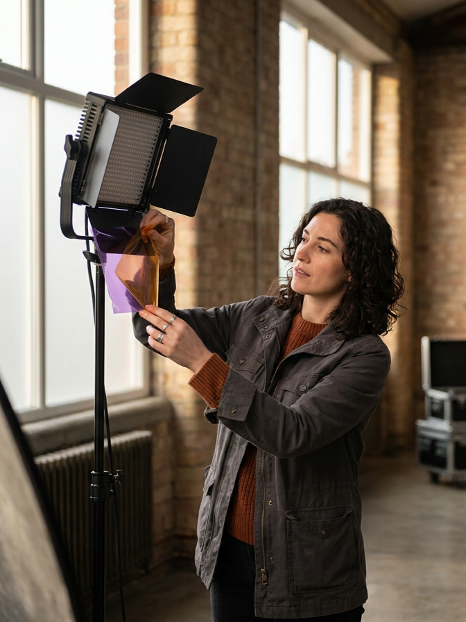 Photographer adjusting a studio LED light with a purple color gel in a brick-walled loft