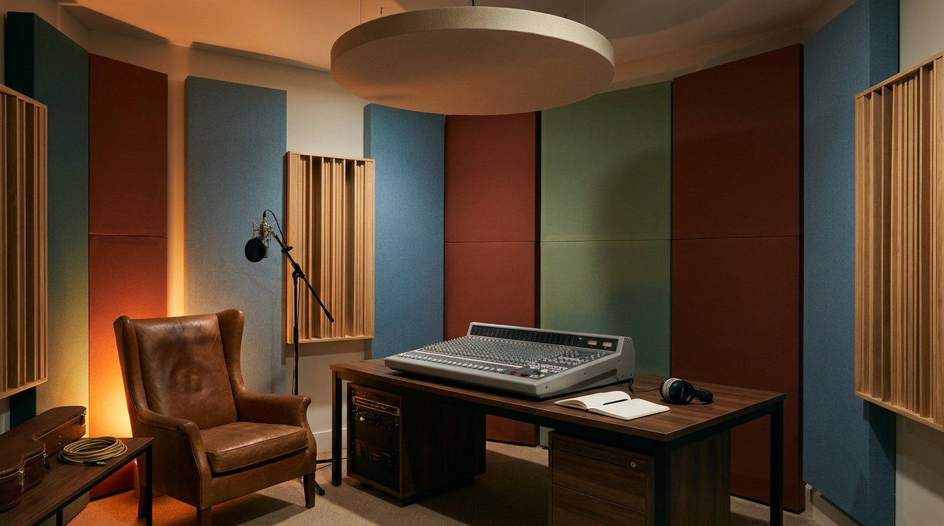 Professional recording studio with mixing console, microphone, acoustic panels, headphones, and leather chair