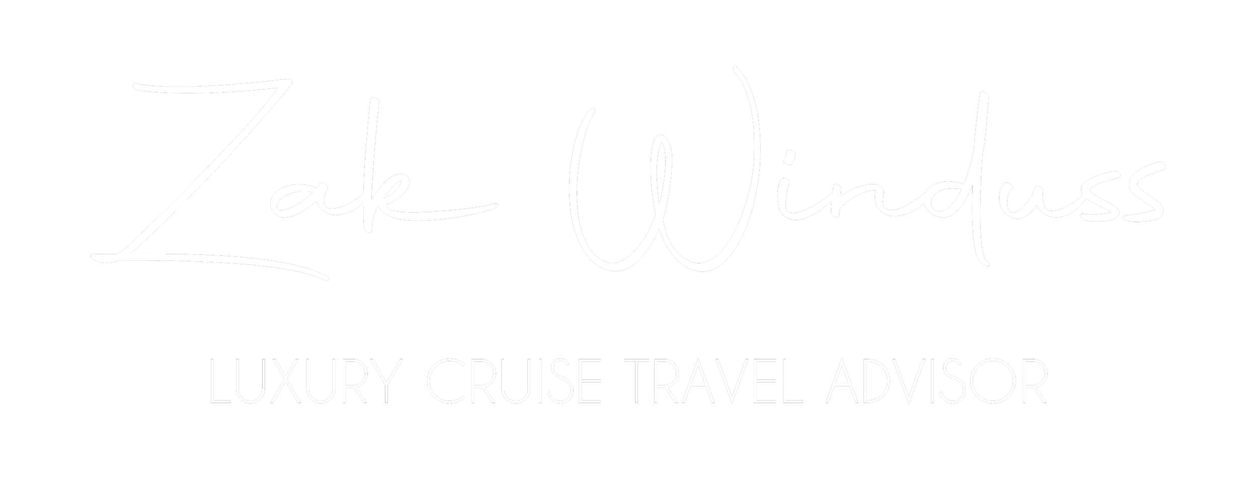 White cursive text on black background reads "Zak Winduss" with "Luxury Cruise Travel Advisor" below in capital letters.