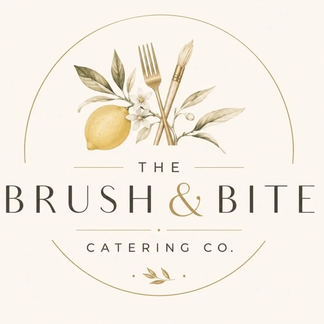 Logo of The Brush & Bite Catering Co. featuring a lemon, white flowers, and gold utensils in a minimalist design.