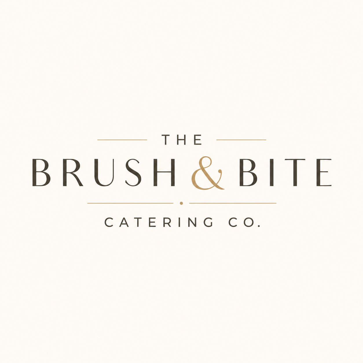 Logo of The Brush & Bite Catering Co. with a beige background and stylish black and gold text.