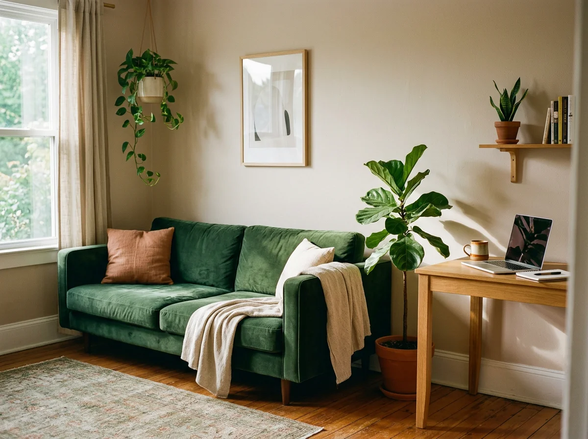 Sunlit living room with green sofa, indoor plants, wooden desk, laptop, wall shelf, and area rug