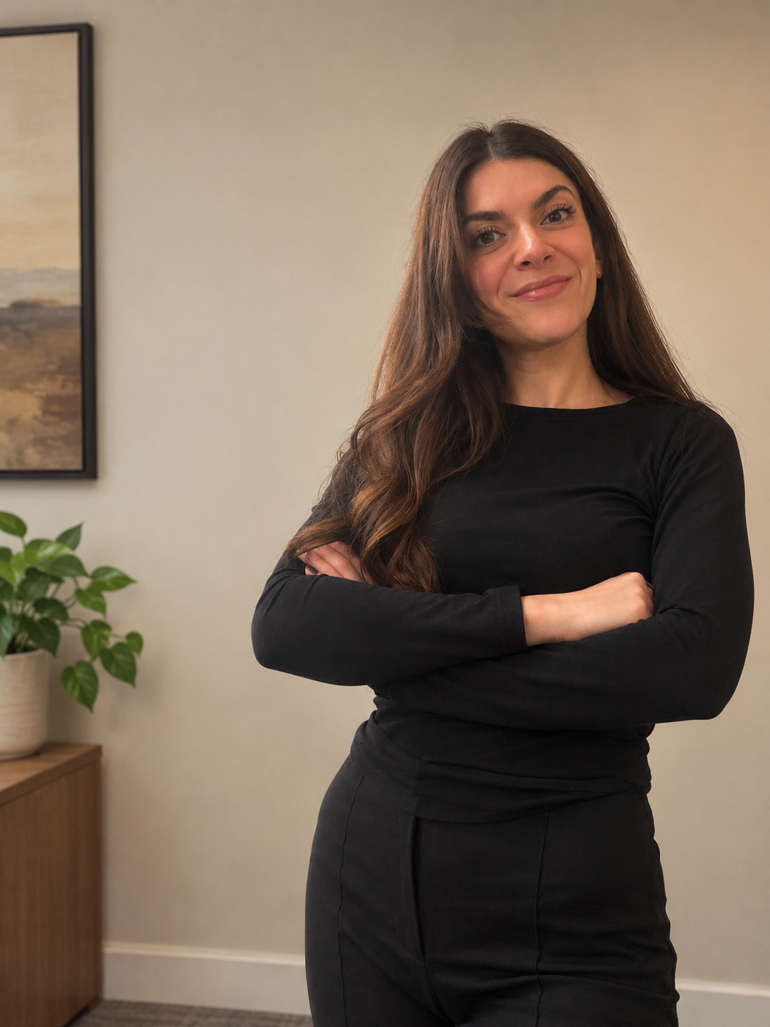 Smiling woman in a black outfit standing with crossed arms beside a potted plant and framed artwork.