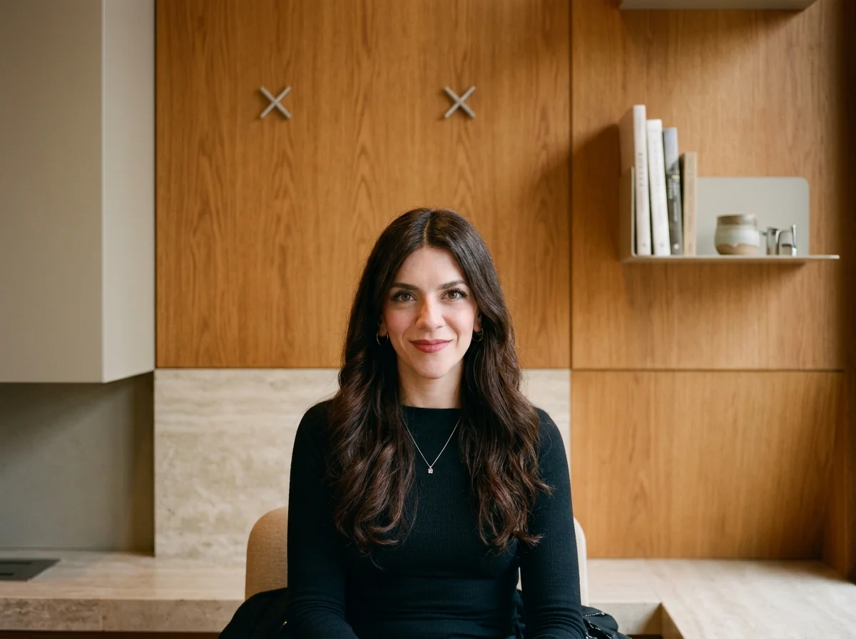 Woman with long dark hair and black top sitting in a modern wood-paneled kitchen
