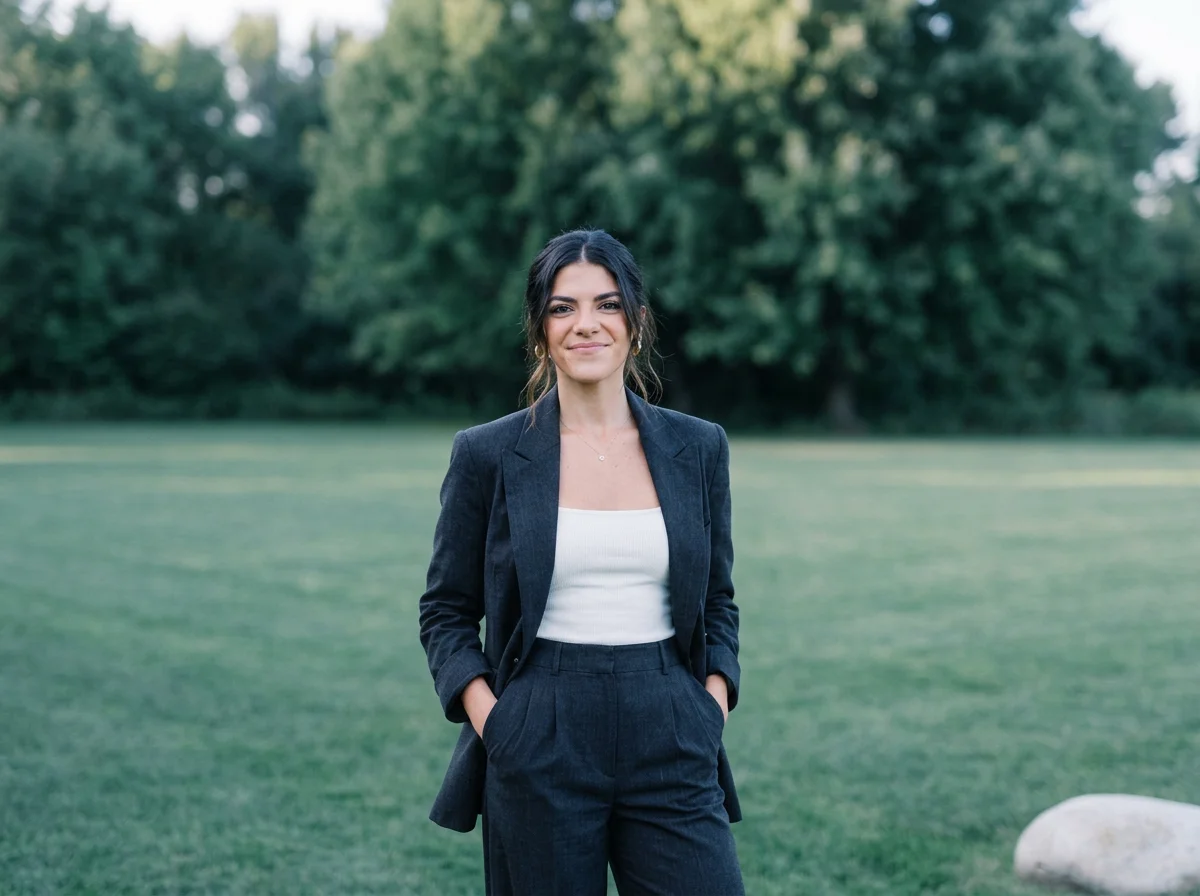 Woman in a dark suit standing on a grassy lawn with trees in the background