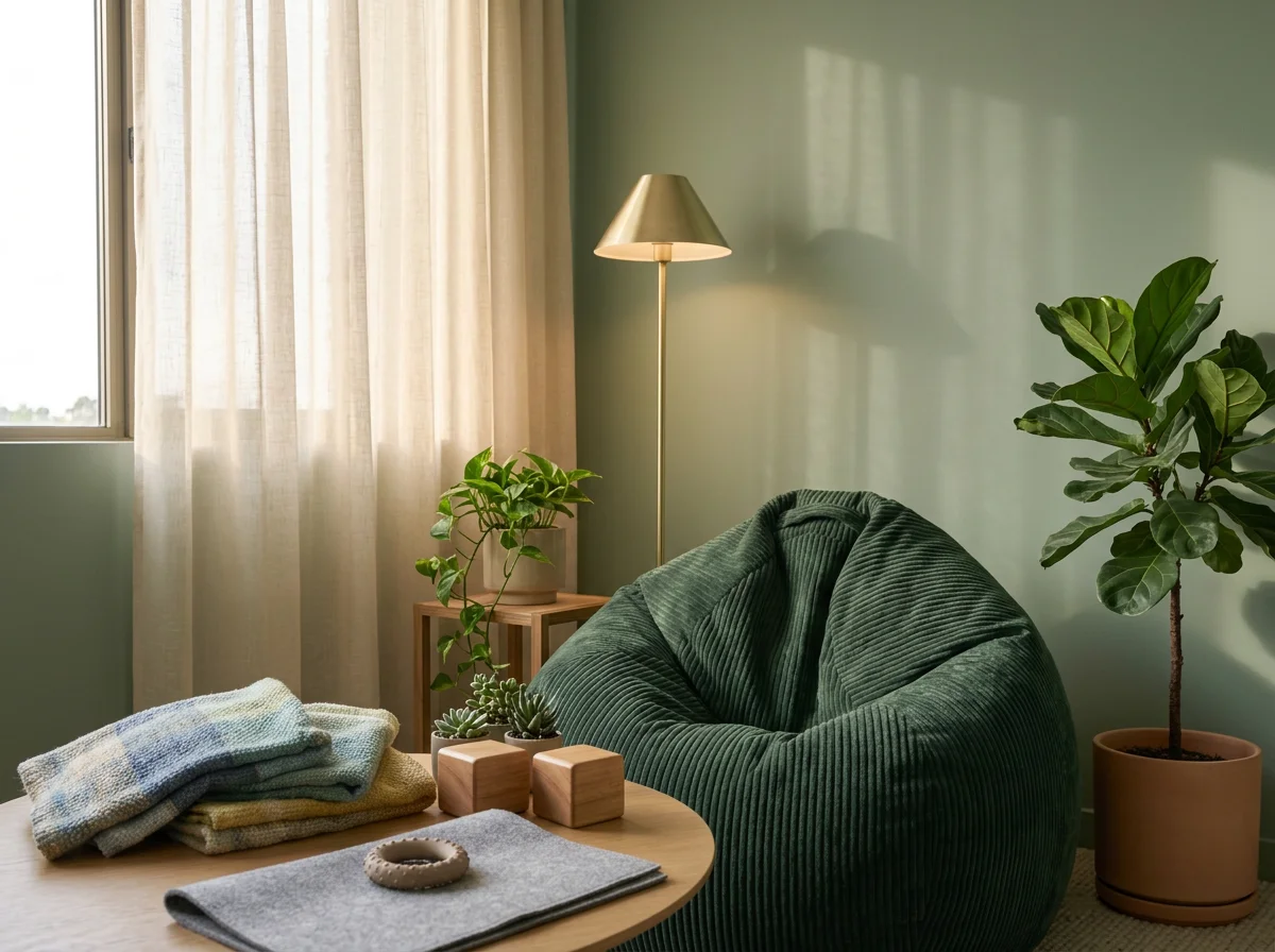 Cozy green living room with a corduroy armchair, floor lamp, houseplants, sheer curtains, and wooden coffee table.