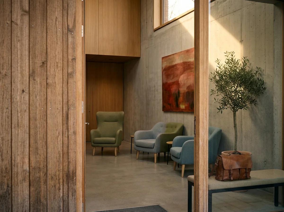 Modern concrete-and-wood lounge with colorful armchairs, abstract artwork, potted olive tree, and leather briefcase