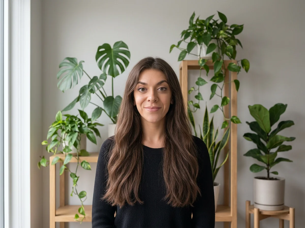 Smiling woman in a black sweater standing in a bright room surrounded by potted houseplants