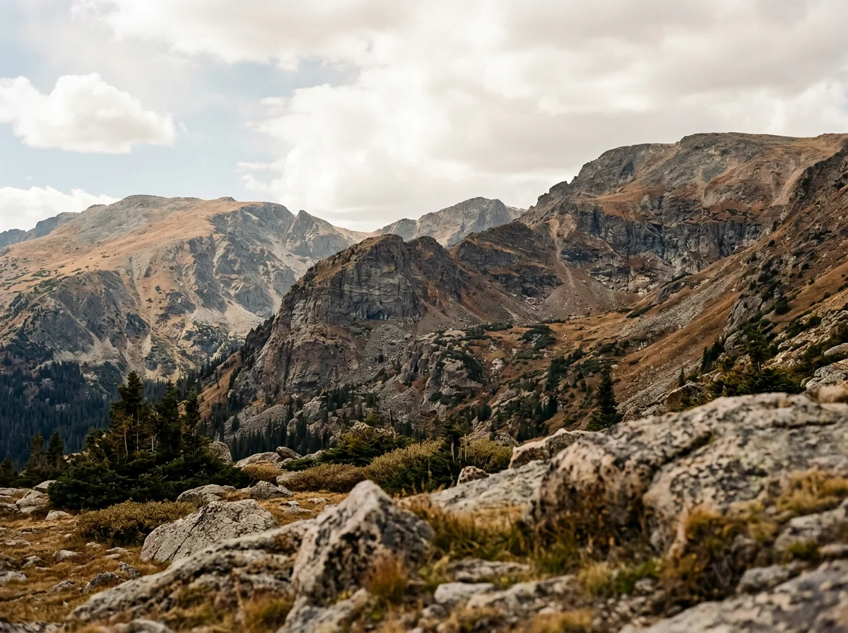 Rugged alpine mountain landscape with dramatic rocky peaks, evergreen trees, and cloudy skies