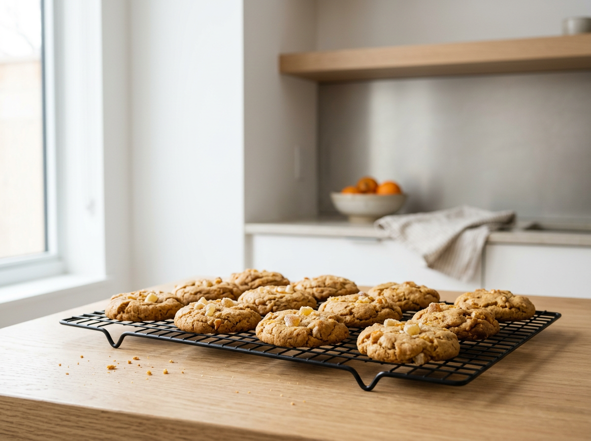 Freshly baked white chocolate chip cookies cooling on a wire rack on a wooden table in a bright kitchen.