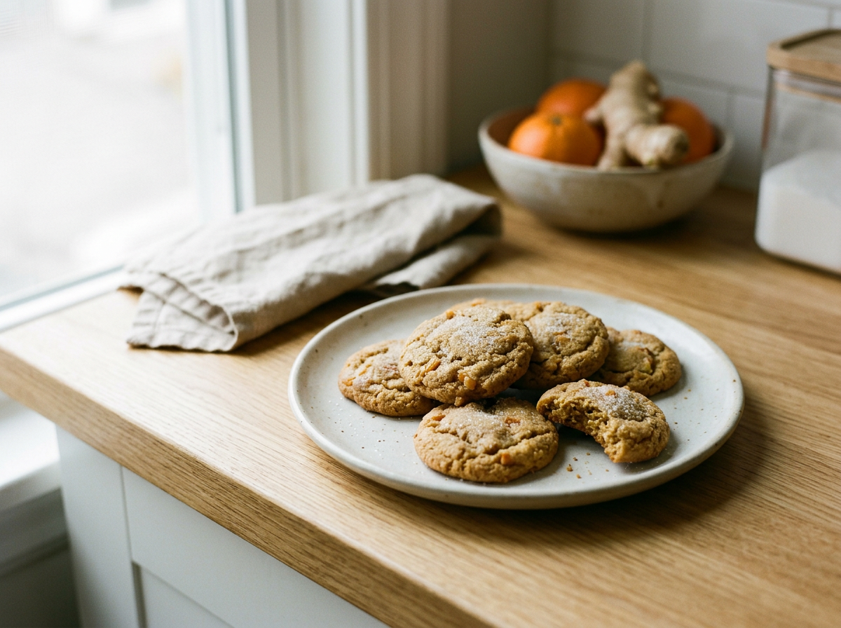 Plate of cookies on a wooden kitchen counter, with a dish of oranges and ginger in the background.