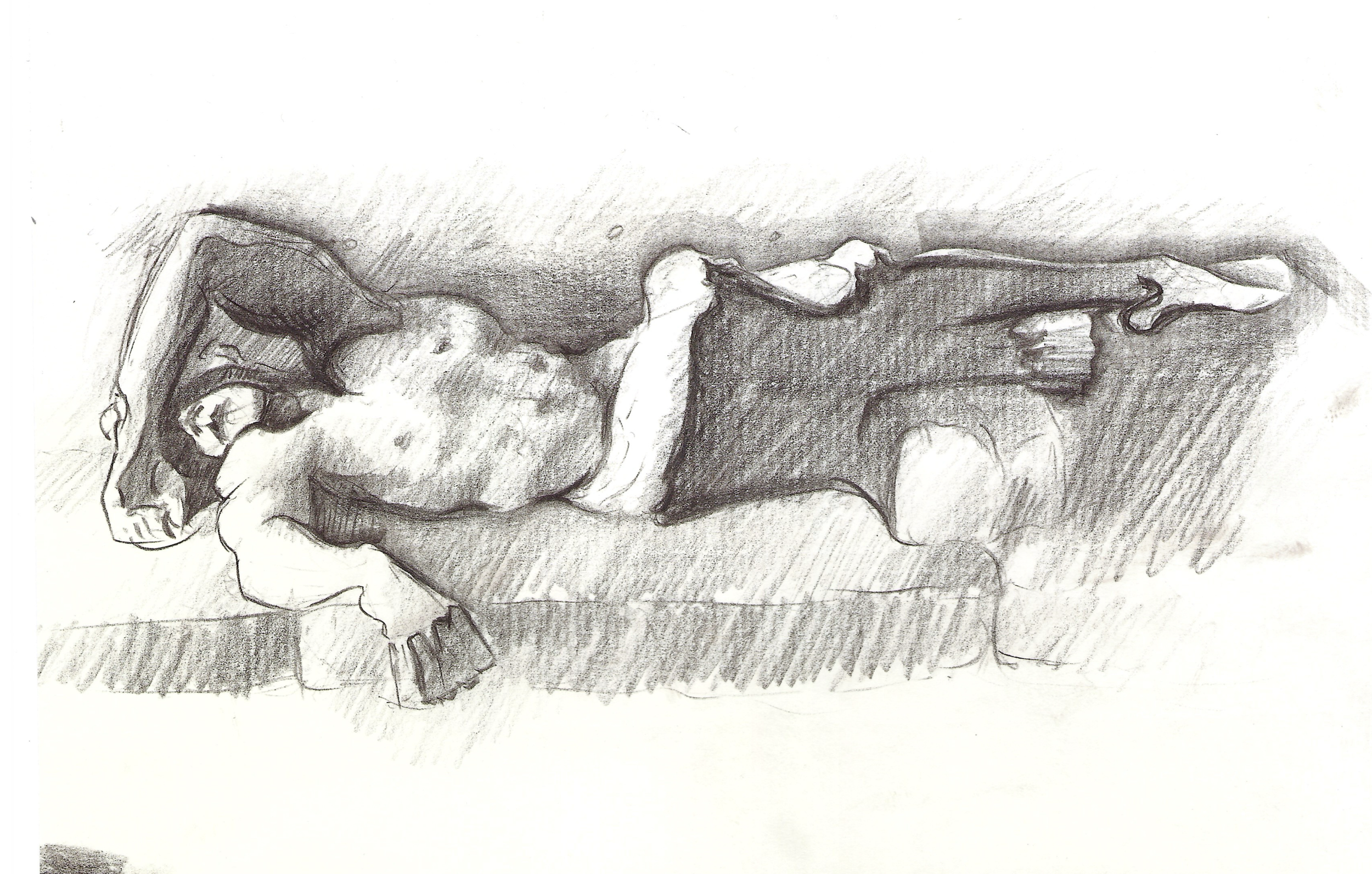 A black and white pencil sketch of a reclining nude woman, lying on her side with her back to the viewer, with her head turned slightly to the left.