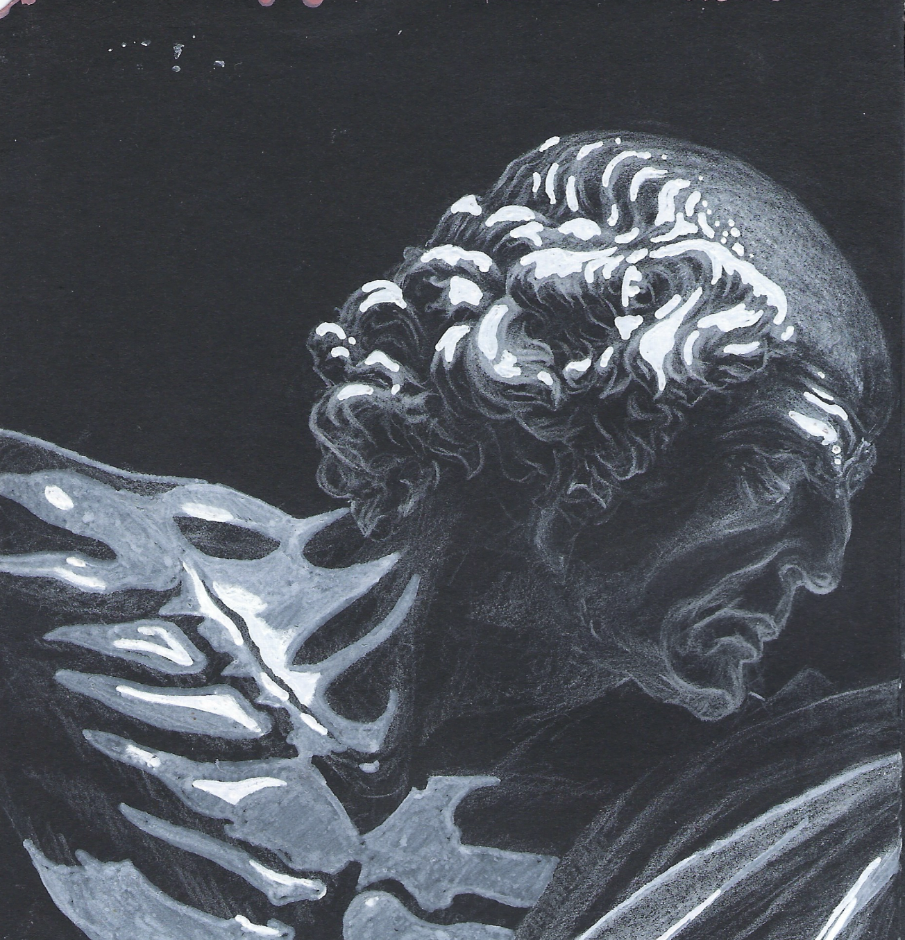 A black and white painting of a woman holding a large conch shell to her ear, with her head slightly tilted and closed eyes, depicted in a detailed, realistic style.