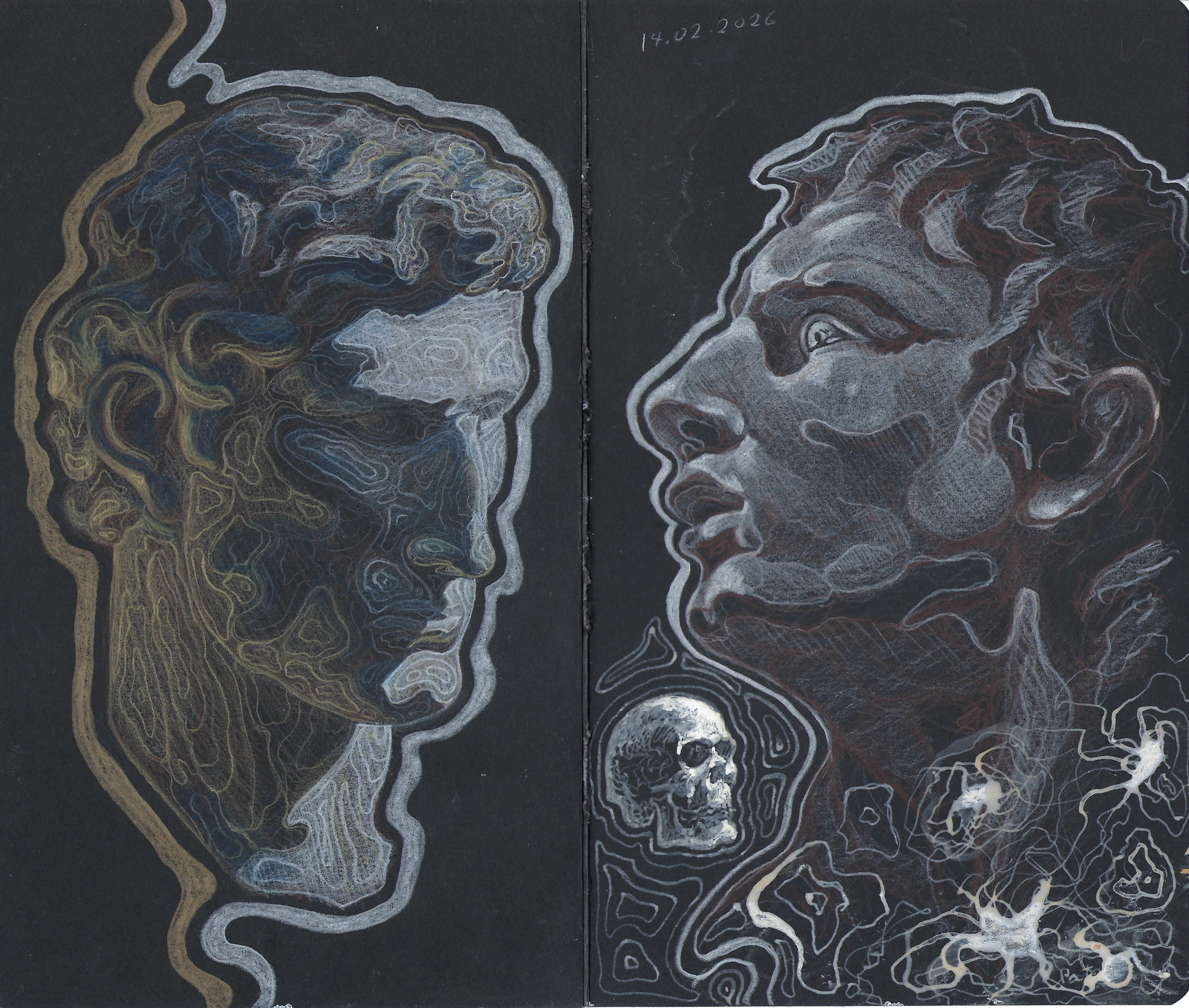 Artistic chalk drawings on black paper, featuring side profiles of a human head with a brain on the left and a skull on the right. The top right corner has the date '14.02.2026' written.