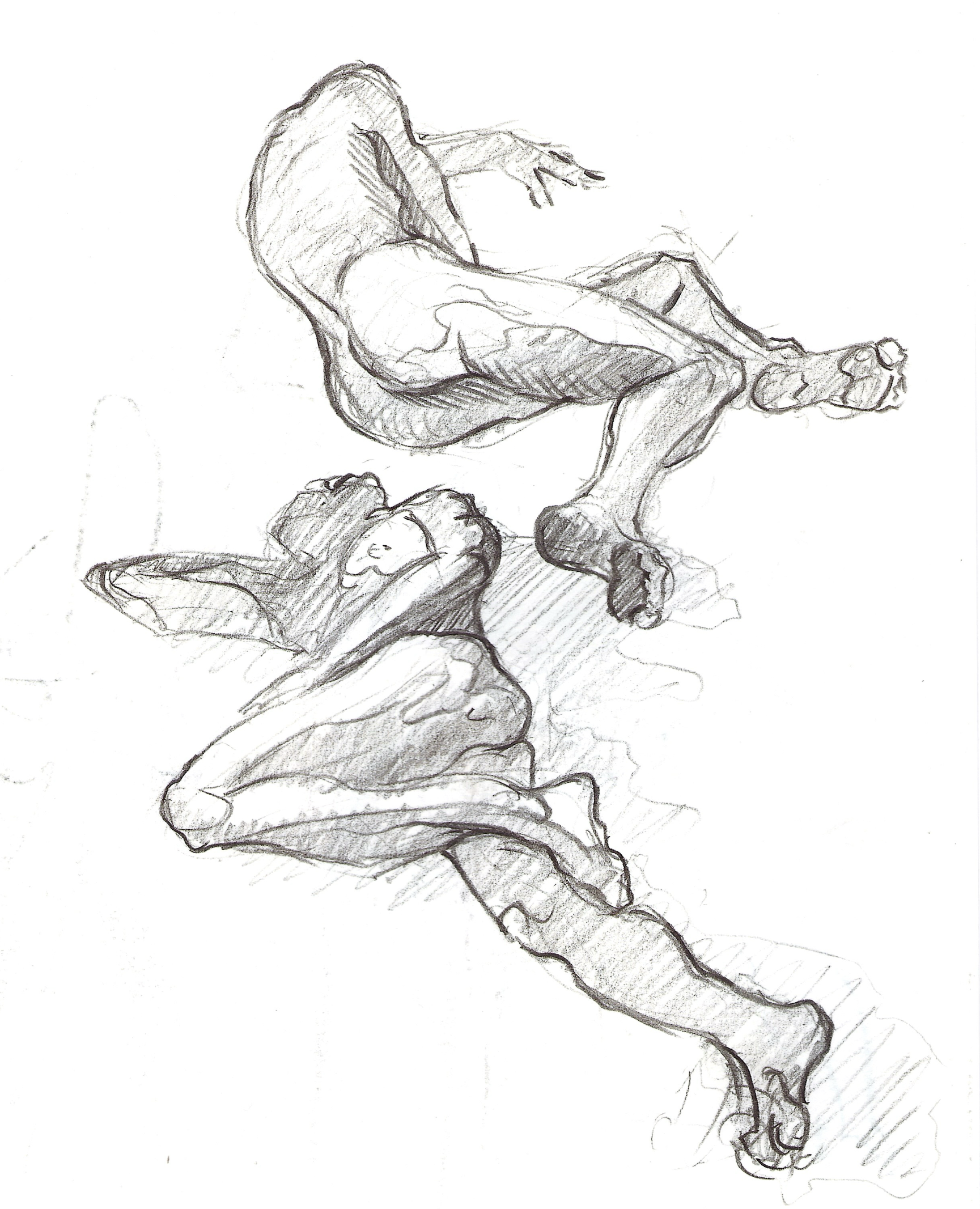 A pencil sketch of a person sitting with their head resting on their knee, and their arms wrapped around their legs, with a large dog lying at their feet.